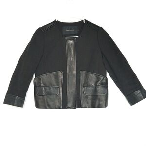 TARA JARMON Wool Leather Cropped Jacket Mixed Media Snap Blazer Womens 6 38 M